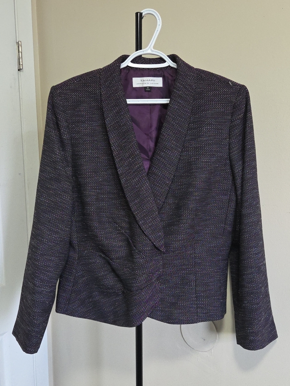 Tahari Purple Tweed Shawl Collar Blazer
